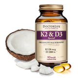 K2 & D3 organic coconut oil 130ug K2 mk-7 & 2000iu D3 dietary supplement 180 capsules